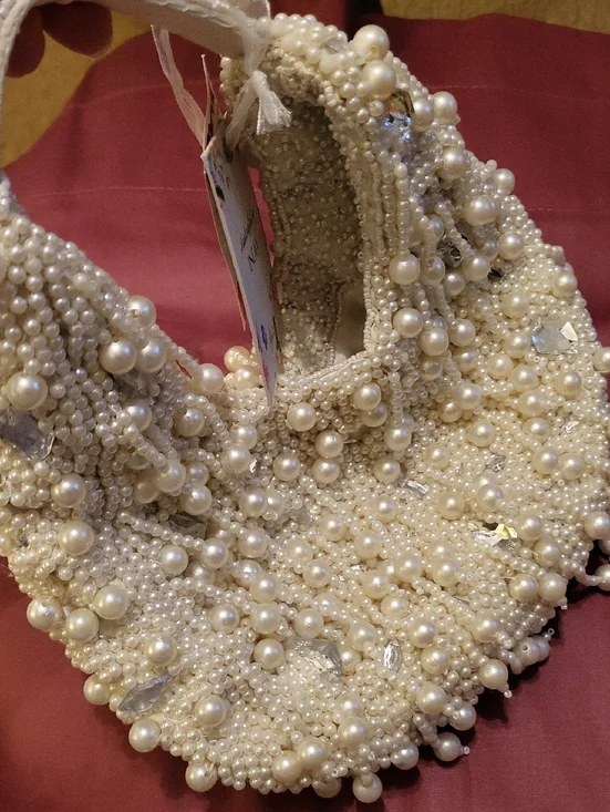 Handcrafted In India Pearl Gem Embellished Cream Evening Bag - Picture 3 of 4